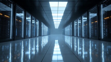 A long data center corridor, with rows of server racks, lit by overhead and ambient light