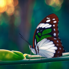 Colorful butterfly resting on green leaf in natural environment  