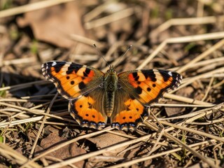 Obraz premium Vibrant orange butterfly with black spots on dry grass and leaves