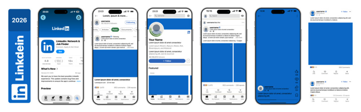 LinkedIn Mobile App UI Mockup 2026 Showing App Store Download Page Carousel Post Screens Profile Feed Like Comment Repost Share Buttons and iPhone Social Network Interface