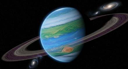 Image of a blue, green planet with visible rings, situated in dark space among distant galaxies, symbolizing exploration and unknown universe