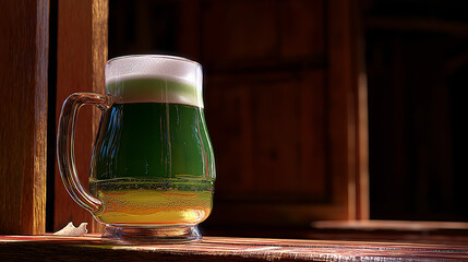 Green beer mug on wooden table in rustic pub setting  