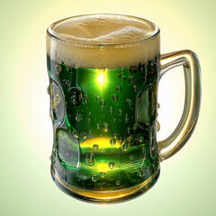 Green beer mug filled with frothy beverage and bubbles  