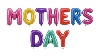 Colorful Inflatable Balloons Spell Out Mothers Day on transparent background Black pink yellow
