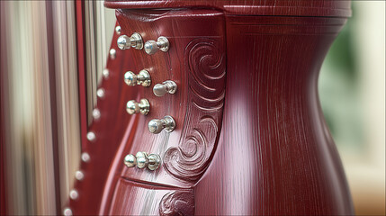 Close-up of detailed wooden Irish harp with polished strings  