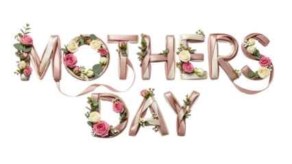 Mothers Day text decorated with pink roses and satin ribbons on transparent background black flowers
