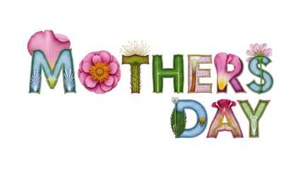 Mothers Day text formed by colorful flowers and green leaves on black transparent background