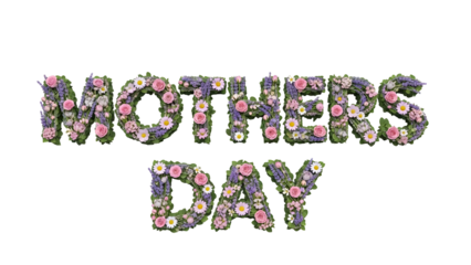 Mothers Day text formed by flowers and leaves on black background lettering transparent background