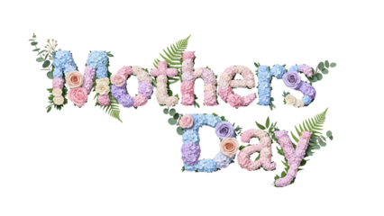Mothers Day text formed by pastel colored flowers and green leaves floral transparent background