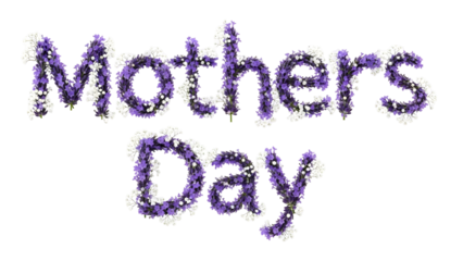 Mothers Day text made of lavender and white flowers on black background transparent background