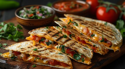 Delicious grilled quesadillas with melted cheese and fresh herbs on wooden board