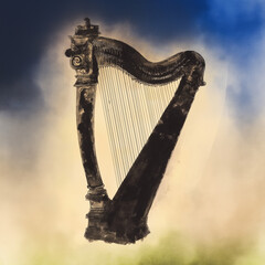 Watercolor illustration of an Irish harp on a soft background  