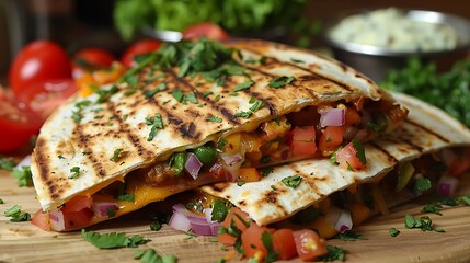 Delicious grilled quesadilla with fresh vegetables and herbs on wooden board