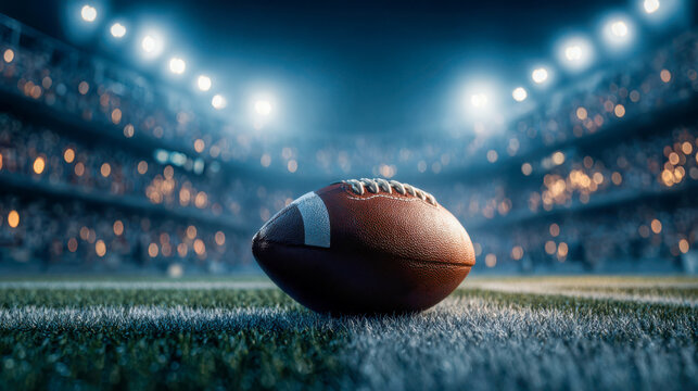 Football resting on the field before a game at night in a large stadium with bright lights Super Bowl