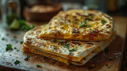 Delicious grilled quesadillas on wooden board with fresh herbs