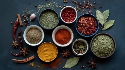 Assortment of Colorful Spices and Herbs in Bowls - Culinary Ingredients