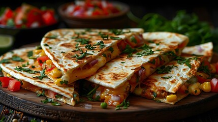 Delicious quesadillas with melted cheese and fresh herbs on wooden plate