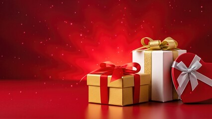 Colorful gift boxes with ribbons on a vibrant red background, symbolizing love and affection for Valentine's Day, perfect for romantic celebrations and gifting moments