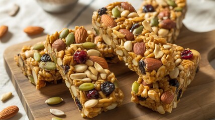 Assortment of Healthy Granola Bars with Almonds, Berries & Seeds on Wood