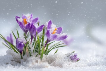 Purple crocus flowers blooming in snow during a spring snowfall close up