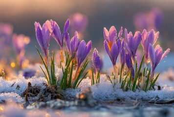 Purple crocus flowers emerging from snow with warm sunlight