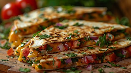 Delicious quesadillas with melted cheese and fresh vegetables on wooden board