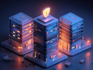 Abstract data server towers with security shield symbol and glowing lights