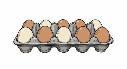 Cartoon egg carton with brown and white eggs on white background