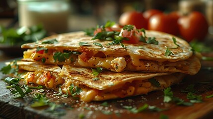 Delicious quesadillas with melted cheese and fresh herbs on wooden board