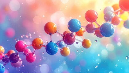 Colorful molecular structure model with vibrant spheres connected by translucent bonds in abstract space