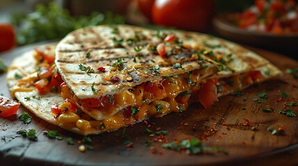 Delicious grilled quesadilla with melted cheese and fresh herbs on wooden plate