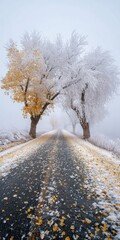 Road between trees with frost and autumn leaves winter scene