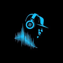 Silhouette of a person with headphones and sound waves against black backdrop
