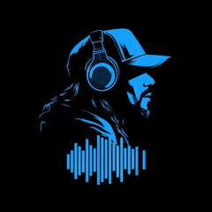 Silhouette of person with headphones and sound wave illustration on black