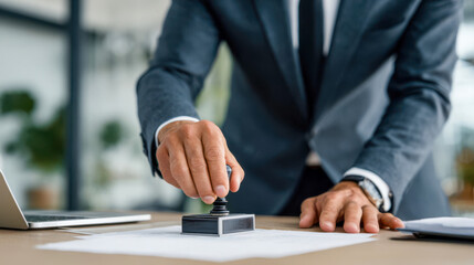 Businessman using a stamp on documents during work hours at an office desk in a modern workspace