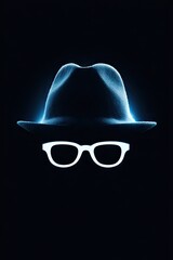 Silhouette of fedora hat and glasses on dark background mystery concept