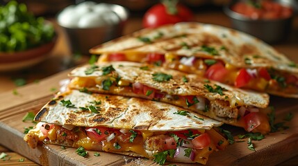 Delicious chicken quesadillas with fresh tomatoes and herbs on wooden board