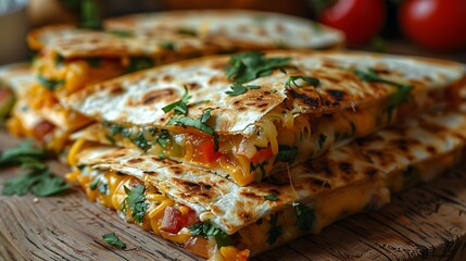 Delicious quesadillas stacked on wooden board with fresh herbs