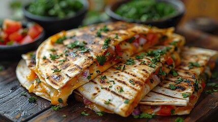 Delicious grilled quesadillas with fresh herbs and salsa on wooden board