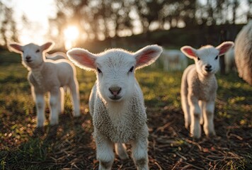 Three lambs in a field with soft sunlight and green background
