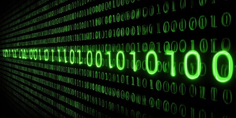 Abstract digital binary code background with green glowing numbers data stream