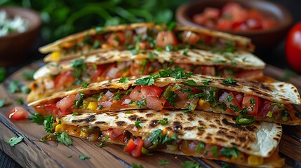 Delicious grilled quesadillas with fresh tomatoes and herbs on wooden board