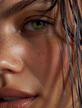 Primer plano de una mujer con labios hidratados y un p&eacute;talo de flor en la boca.