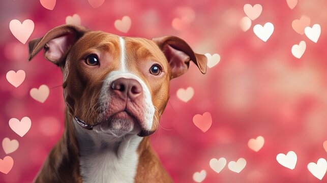 A brown and white pit bull surrounded by pink and white hearts on a pink background