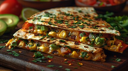Delicious quesadilla with melted cheese and vegetables on wooden board