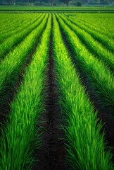 Vibrant green field rows agricultural landscape scenic view natural background