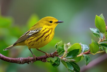 Vibrant yellow warbler perched on branch in natural habitat
