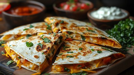 Delicious cheesy quesadillas with fresh herbs on wooden board
