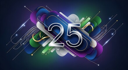 Abstract 3d number 25 design with fluid shapes and geometric elements on dark background