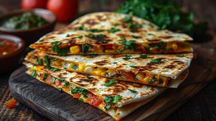 Delicious quesadillas stacked on wooden board with fresh herbs
